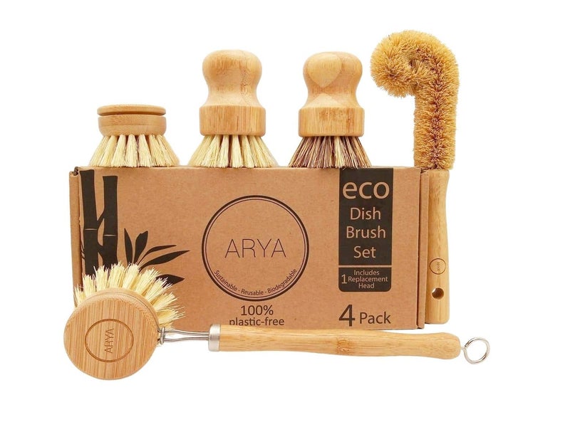 Aryaa ARYA. Wooden Dish Brush Set | 4 Kitchen Washing Up Brushes & One Replacement Head | Bamboo & Natural Fibers | Eco Friendly Wooden Pot Brush Scourer Scrubber Sponge Alternative - Image 1